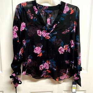 Rachel Roy March Black Combo Floral Print V Neck Top Size M NWT